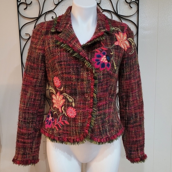 Jon Jackets & Blazers - Floral Plaid Wool Blend Women's Blazer Size10 Fringe Classic Jacket